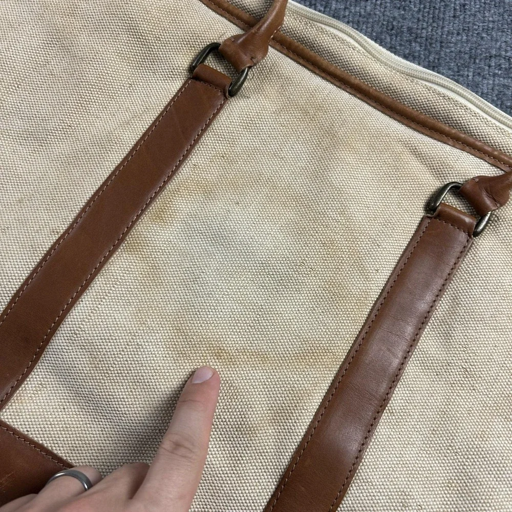 LL Bean Beige 23in Canvas Mens Tote Bag Leather Trim Travel Weekend Work